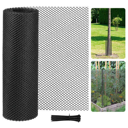 15.7 Inch x 20 Ft Plastic Chicken Wire Fencing,Black Poultry Netting with 100 Twist Ties,Garden Fence for Animals, Mesh Tree Guard Trunk Protectors and Floral Arrangements