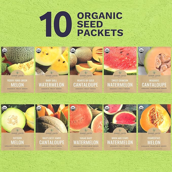 Organic Melon Seeds Variety Pack - 10 Individual Packs - 2025 Season - Sugar Baby, Charentais, Hearts of Gold and More! for Indoor & Outdoor Planting (Non-GMO, Certified Organic)
