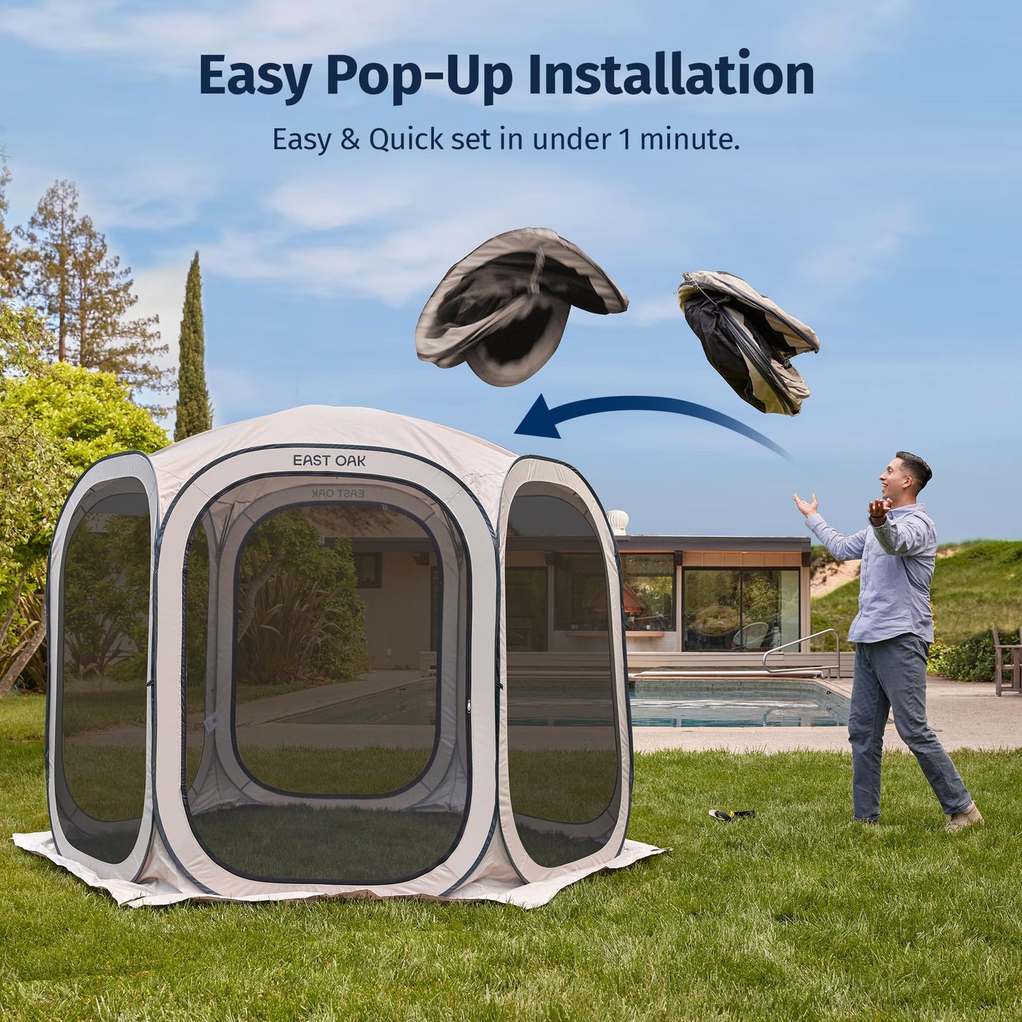 EAST OAK Screen House Tent Pop-Up, Portable Screen Room Canopy Instant Screen Tent 10 x 10 FT with Carry Bag for Patio, Backyard, Deck & Outdoor Activities, Beige
