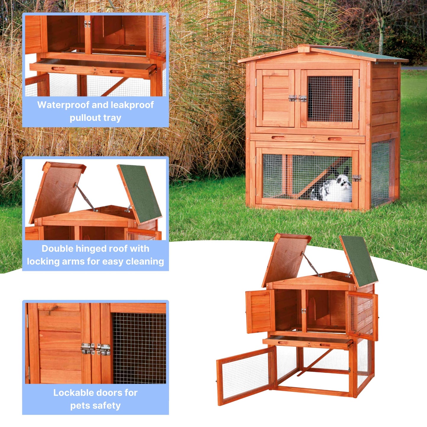 TRIXIE natura Outdoor Rabbit Hutch with Run - Small 2-Story Rabbit Cage with Non-Slip Ramp - Elevated Small Animal House with Secure Playpen, Hinged Roof & Pull-Out Tray - in Natural
