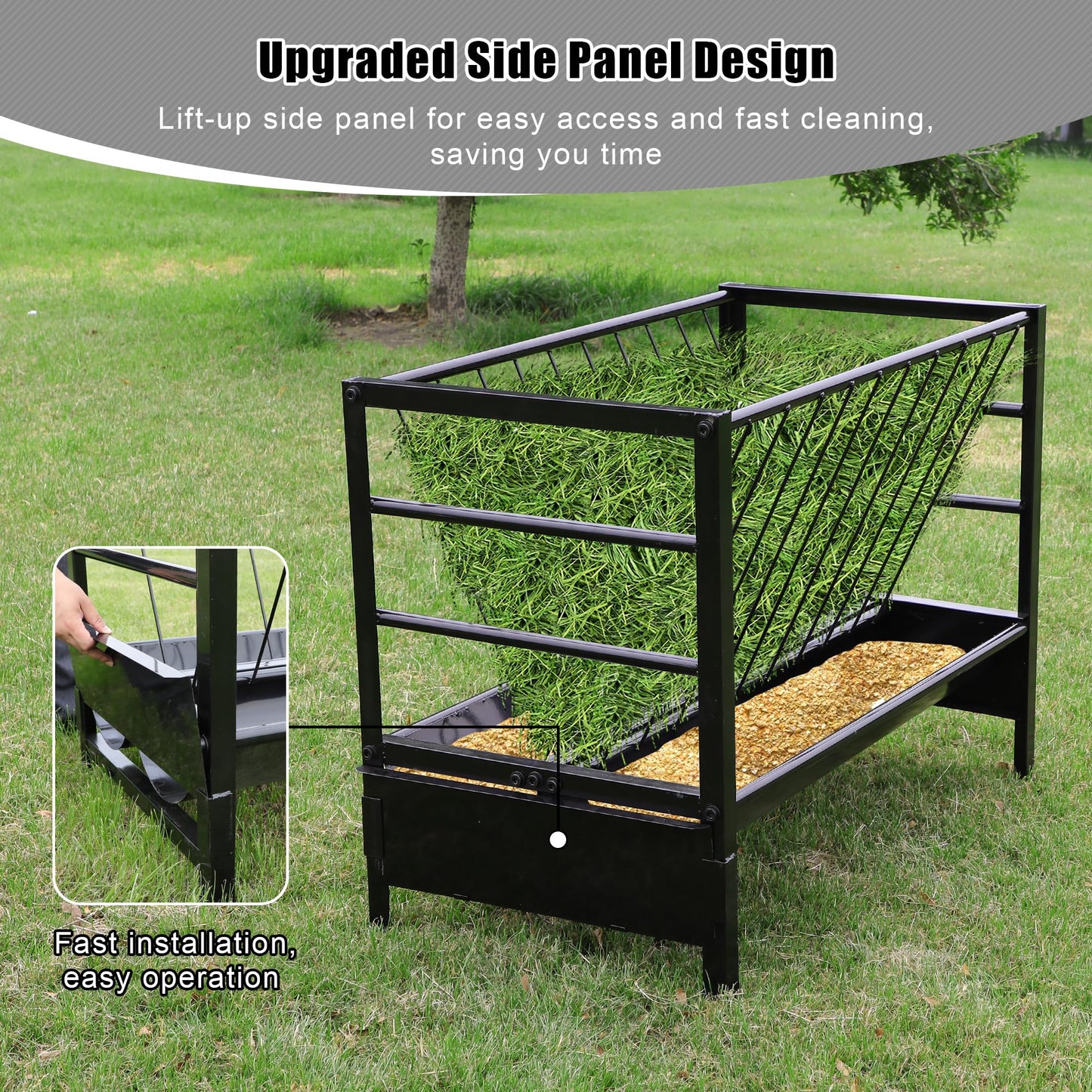 Large Pasture Hay Feeder 71Gallon, 2 in 1 Livestock Hay and Grain Feeder for Goat Sheep Horse, Galvanized Steel Livestock Feeders with Top Rack & Feeding Trough, Easy to Install for Farms Shed Outdoor