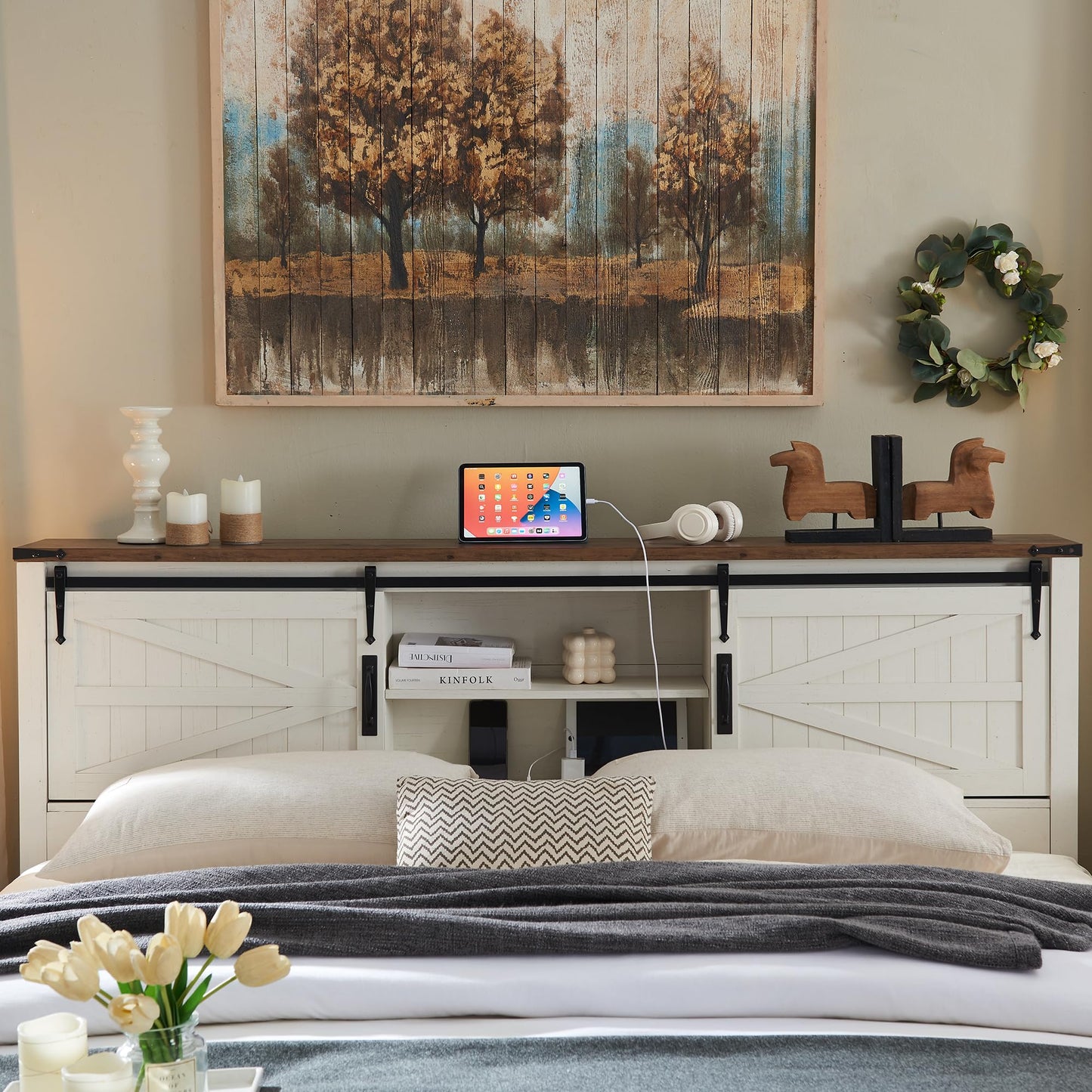 T4TREAM Farmhouse Full Size Bed Frame w/Storage Bookcase Headboard, Sliding Barn Door, Charging Station, Rustic Wood Platform Bed w/Wood Slats Support, No Box Spring Needed, Antique White