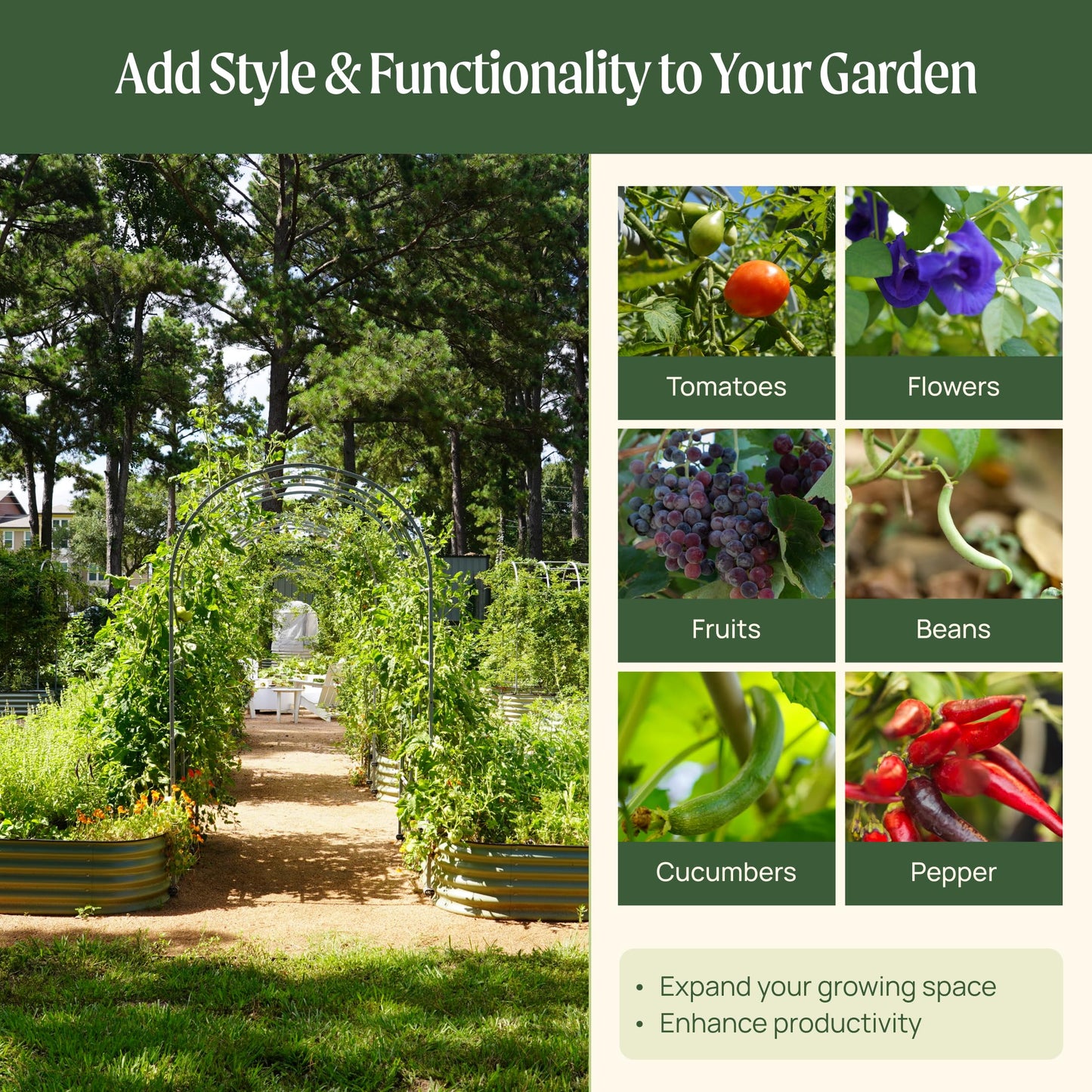Vego Garden Modular Arched Trellis System Triple Section 5.5' Long Trellis for 4.0' x 8.0' (10 in 1) Garden Bed