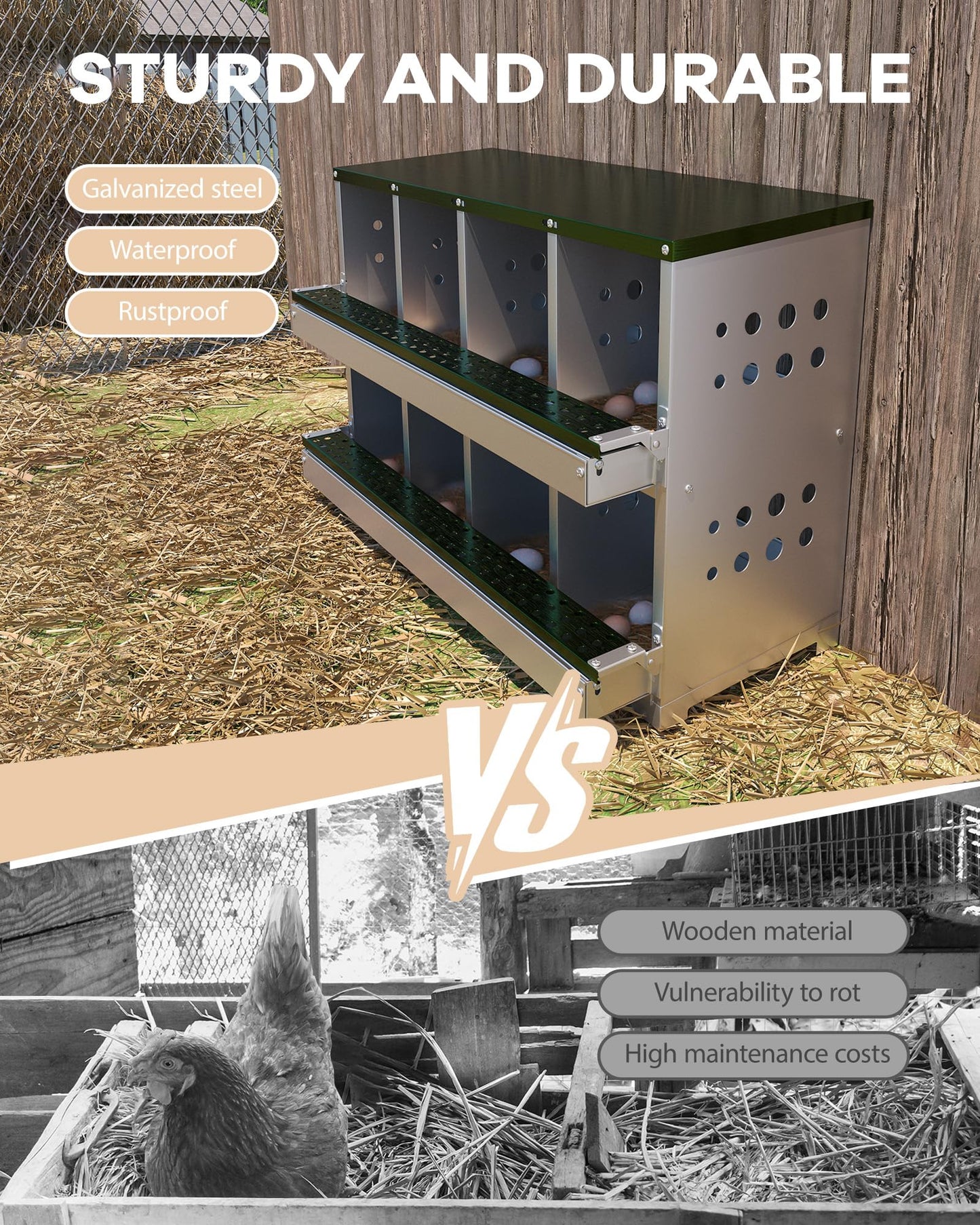 GarveeLife Wall-mountable Roll Away Metal Chicken Nesting Box for Laying Eggs, Rustproof Chicken Laying Boxes for Hens, Ventilated with Perch, Waterproof, 8 Compartments, Green