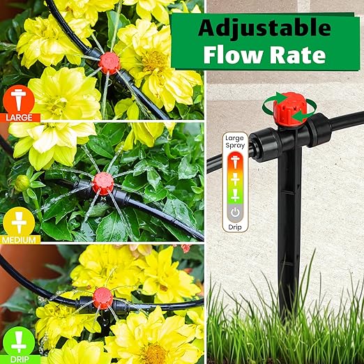 MIXC 20pcs Two-Way Quick-Connect Drip Irrigation Emitters for 1/4" Drip Irrigation Tubing - Adjustable Push-to-Connect 360° Drip Emitters Stream on 7" Sturdy Stake for Irrigation System
