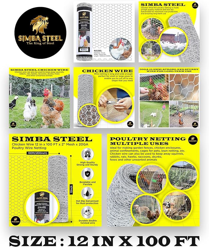 Chicken Wire 12 in x 100 FT x 2” Mesh x 20GA | Poultry Wire Netting | Hot Dipped Galvanised | Hexagonal Galvanized Mesh for Chicken Coop, Rabbit Cage, Fence Barrier PM12x100x2