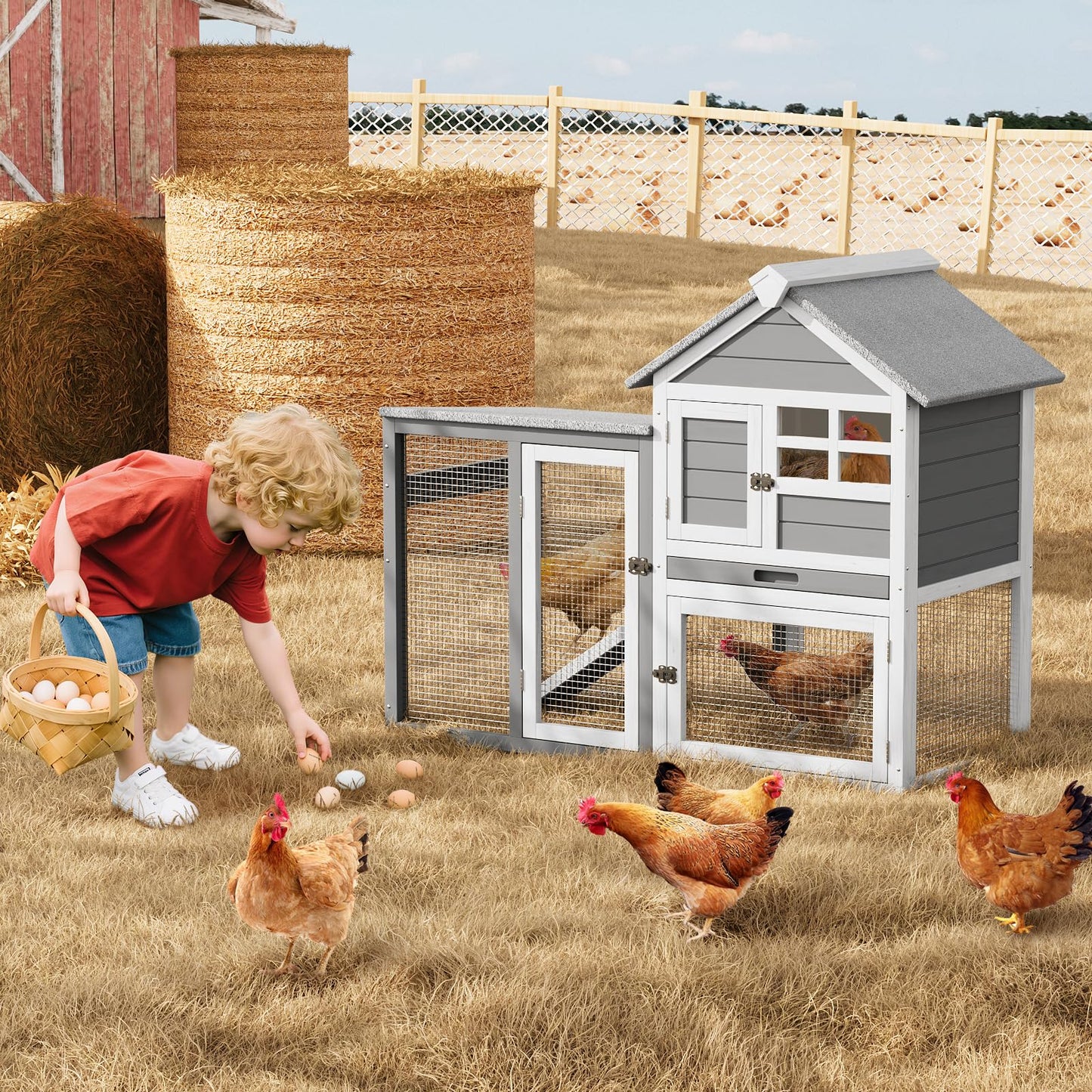 GarveeLife Small Wooden Chicken Coop, 2-Story Rabbit Hutch Indoor Outdoor with Waterproof Roof, Bunny Cage with Pull Out Tray and a Wooden Ramp