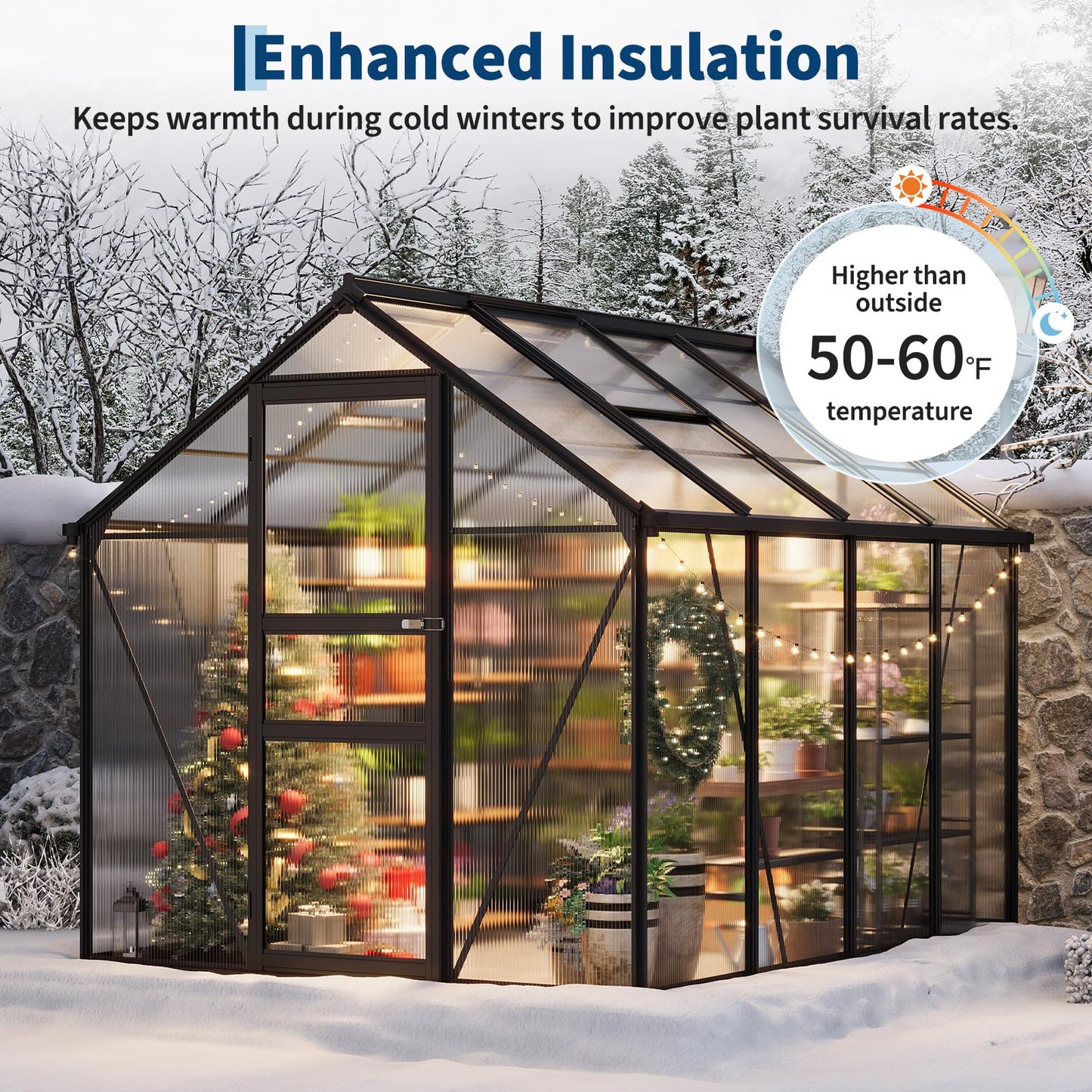 8×6FT Greenhouses for Outside,Greenhouse with Aluminum Frame-Outdoor Greenhouses for Backyard Garden Patio, Outside Garden Green House with Lockable Door&Adjustable Roof Vent, Smart Water Management