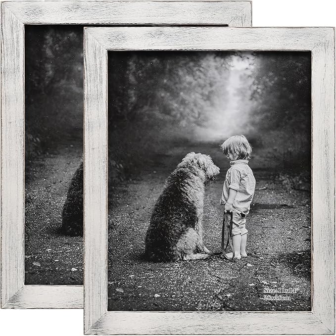 Yaetm Distressed White 11x14 Picture Frame - Made of 100% Solid Wood and HD Real Glass, Rustic White Wooden Picture Frames 11 x 14 for Wall Mount Display, Farmhouse Decor - Set of 2