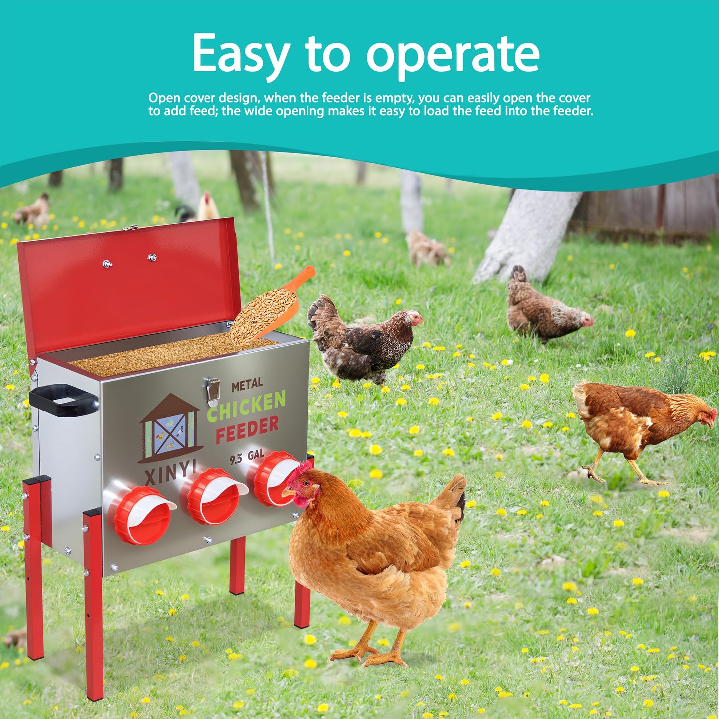 50 lb Automatic Chicken Feeder 6 Port, No Waste Poultry Pro Feeder with Legs, Rodent Proof Chicken Feeder, Weatherproof No Mess No Spill Galvanized Chicken Supplies 9.3 Gallon