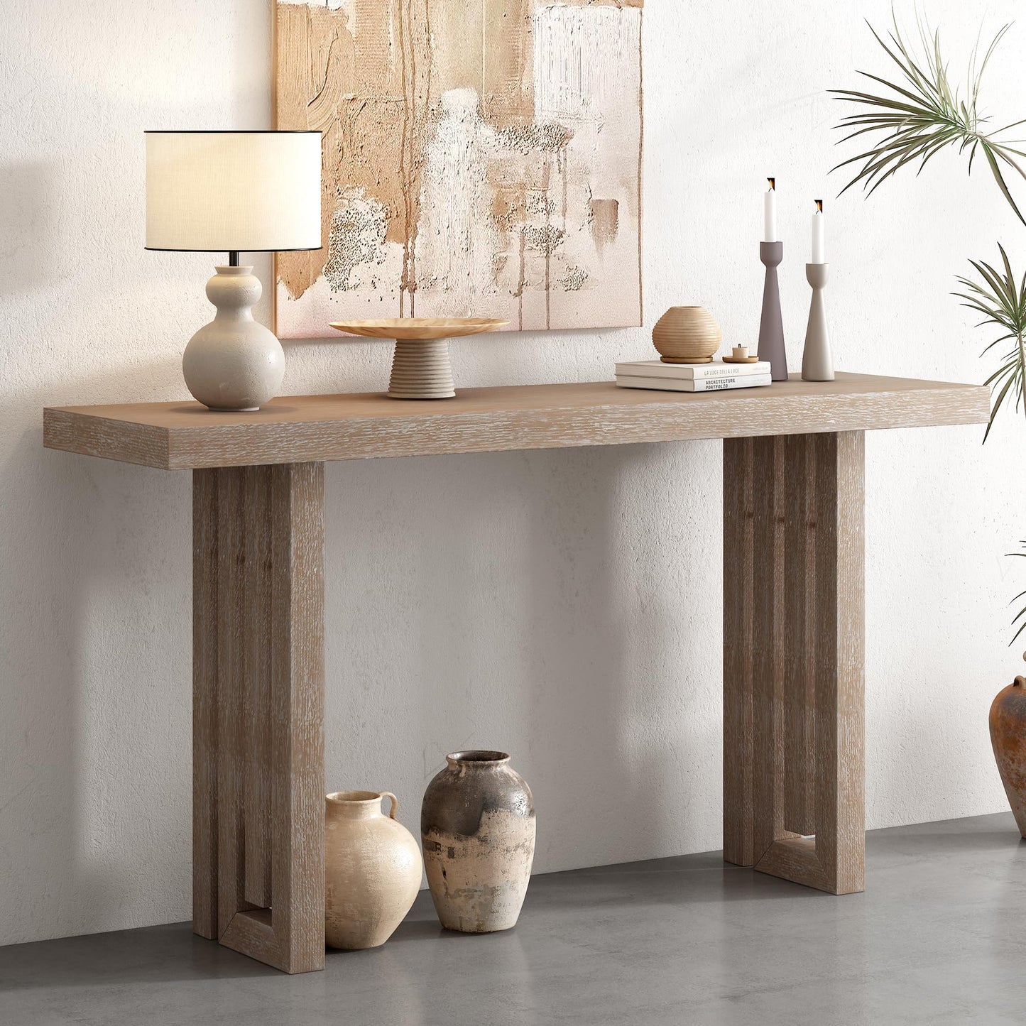 Merax Farmhouse Uniquely Designed Oak Veneer Console Table with Distinctive Side Shapes for Entryway, Hallway, Living Room, Foyer, Natural