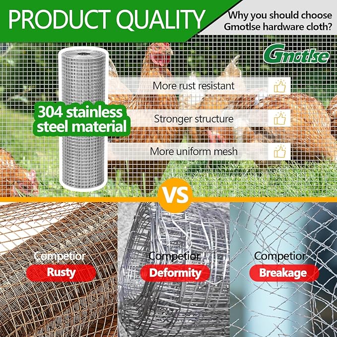 Hardware Cloth 1/2 inch 20 Gauge Large size304 Stainless Steel mesh Chicken Wire Welded Fencing Wire Mesh Roll Garden Fence 24in×48ft