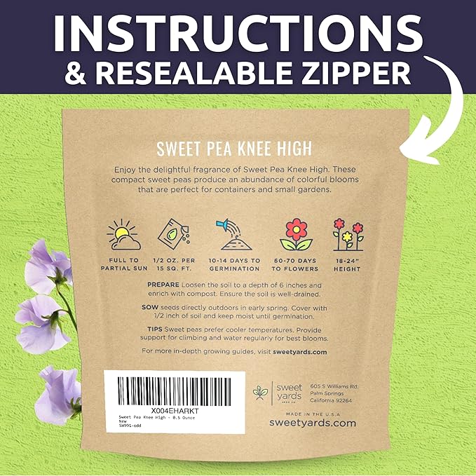 Sweet Pea Knee High - Large 1/2 Ounce Packet - 150 Flower Seeds for Planting - Lathyrus odoratus