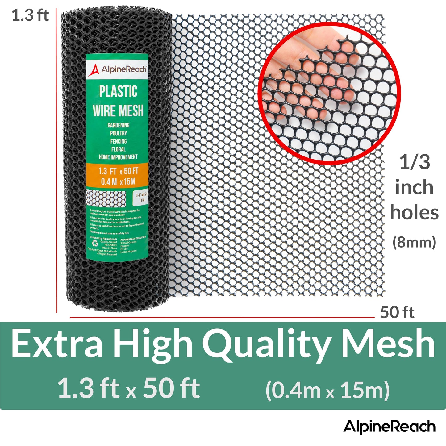 AlpineReach Plastic Wire Mesh 1.3ft x 50ft (15.7" x 600") Fence Roll with Zip Ties - Ideal for Poultry, Dogs, Rabbit Barrier & Gardening, Durable Chicken Mesh, Versatile Rigid Fencing & Netting, Black