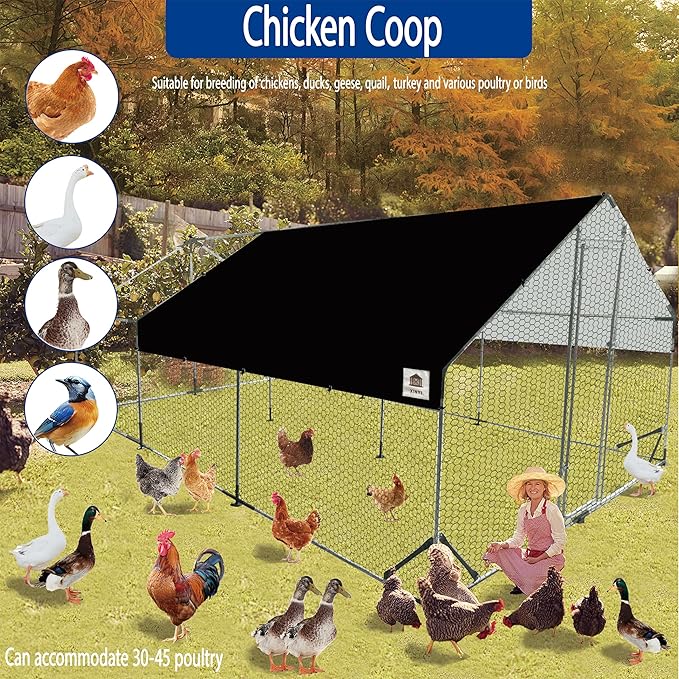 Chicken Coop Large Metal Chicken Run, Upgraded Anti-UV 180g/㎡ PE cloth & 1.1mm Thickened PVC-Coated hexagonal chicken Wire Mesh & More Galvanized Steel Standpipes, walk-in chicken coop, 19.7×9.8×6.4FT