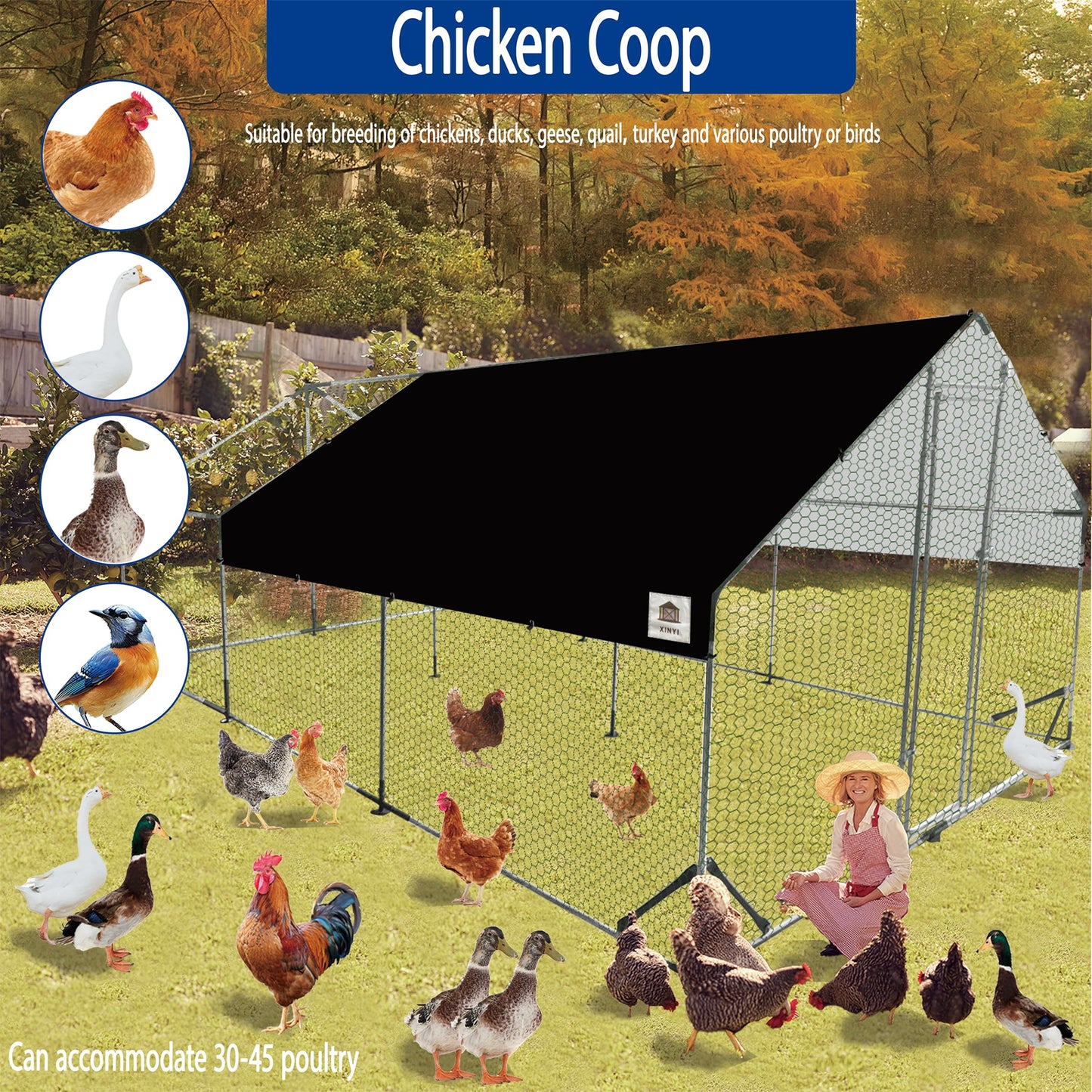 Chicken Coop Large Metal Chicken Run, Upgraded Anti-UV 180g/㎡ PE cloth & 1.1mm Thickened PVC-Coated hexagonal chicken Wire Mesh & More Galvanized Steel Standpipes, walk-in chicken coop, 19.7×9.8×6.4FT