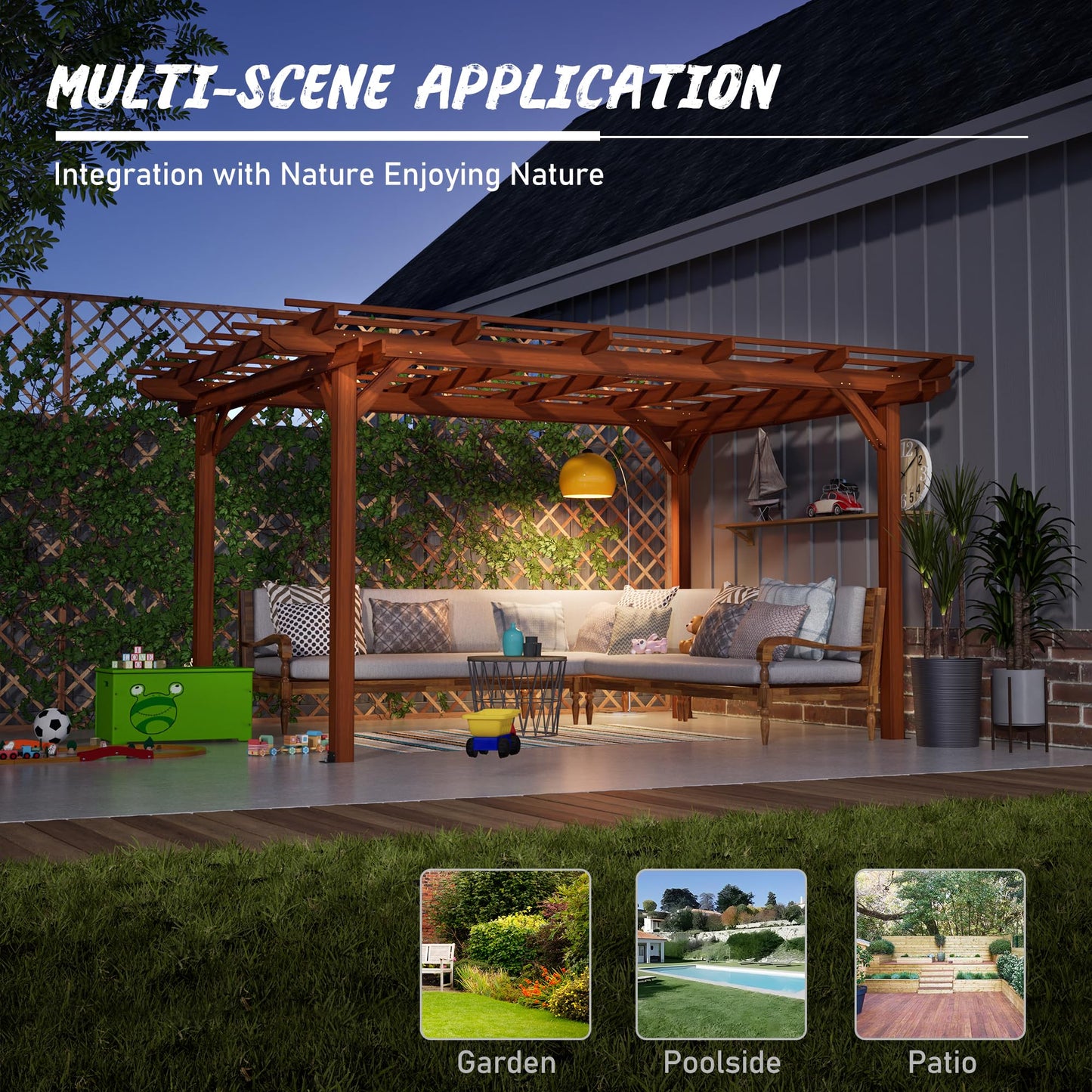 KEIKI 12 x 10 FT Outdoor Wood Pergola, Wooden Grape Trellis for Climbing Plant Support, Garden, Patio, Backyard, Deck, Brown