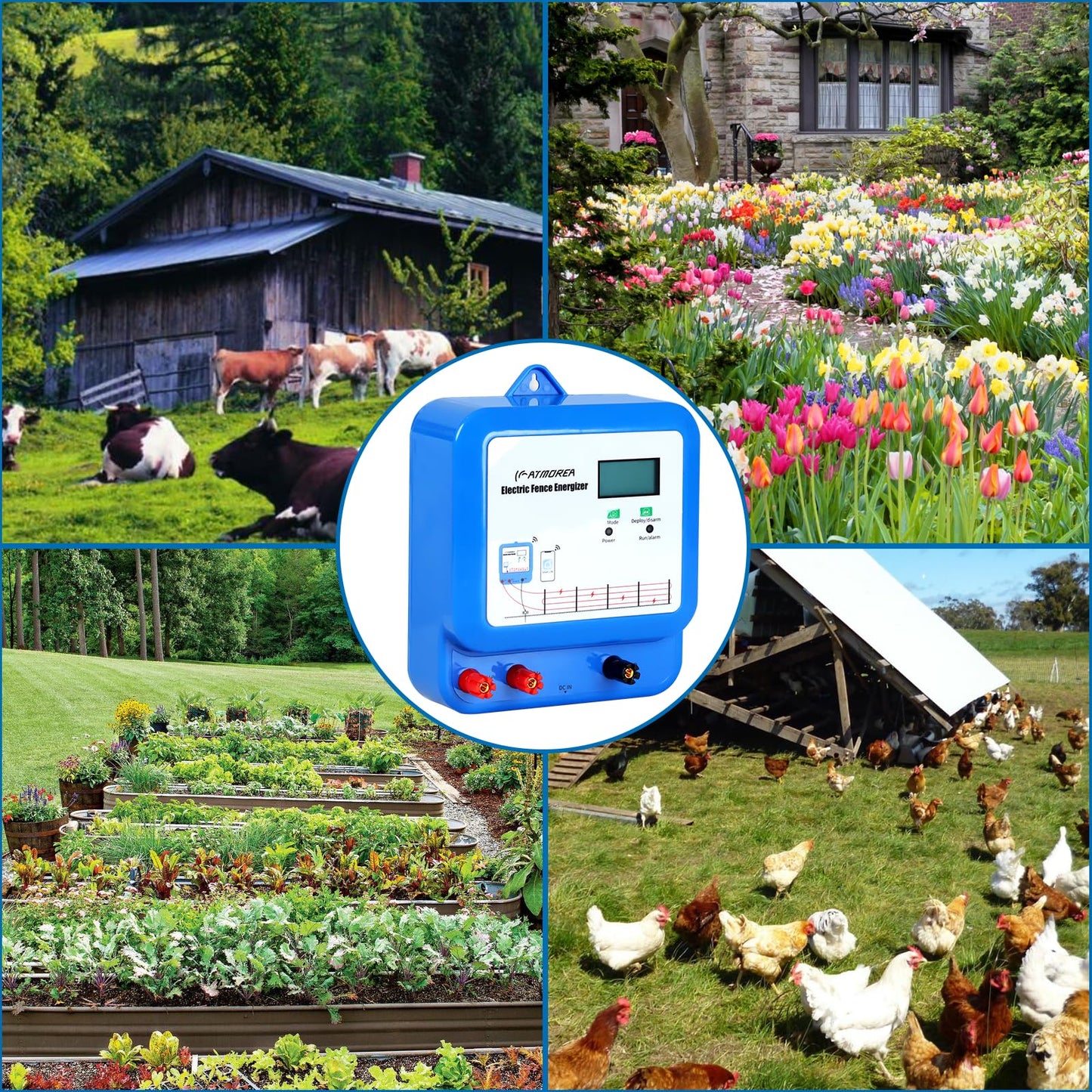 ATMOREA Smart Electric Fence Charger with Dual Alarm - 1.5/2 / 3 Joules Adjustable Energizer for Mobile Devices and Remote Control - Ideal for Poultry, Livestock, Gardens and Yards Safety