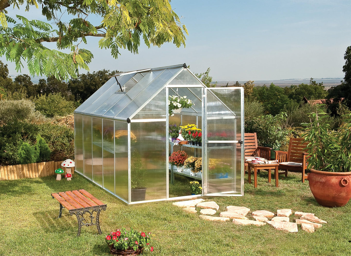 Palram - Canopia 6x10 Greenhouse Kit, Hobby Walk-In Twin-Wall UV Polycarbonate Heavy Duty Aluminum Frame, Lockable Door, Adjustable Roof Vent, Rain Gutters, Galvanized Steel Base, Mythos (Silver)