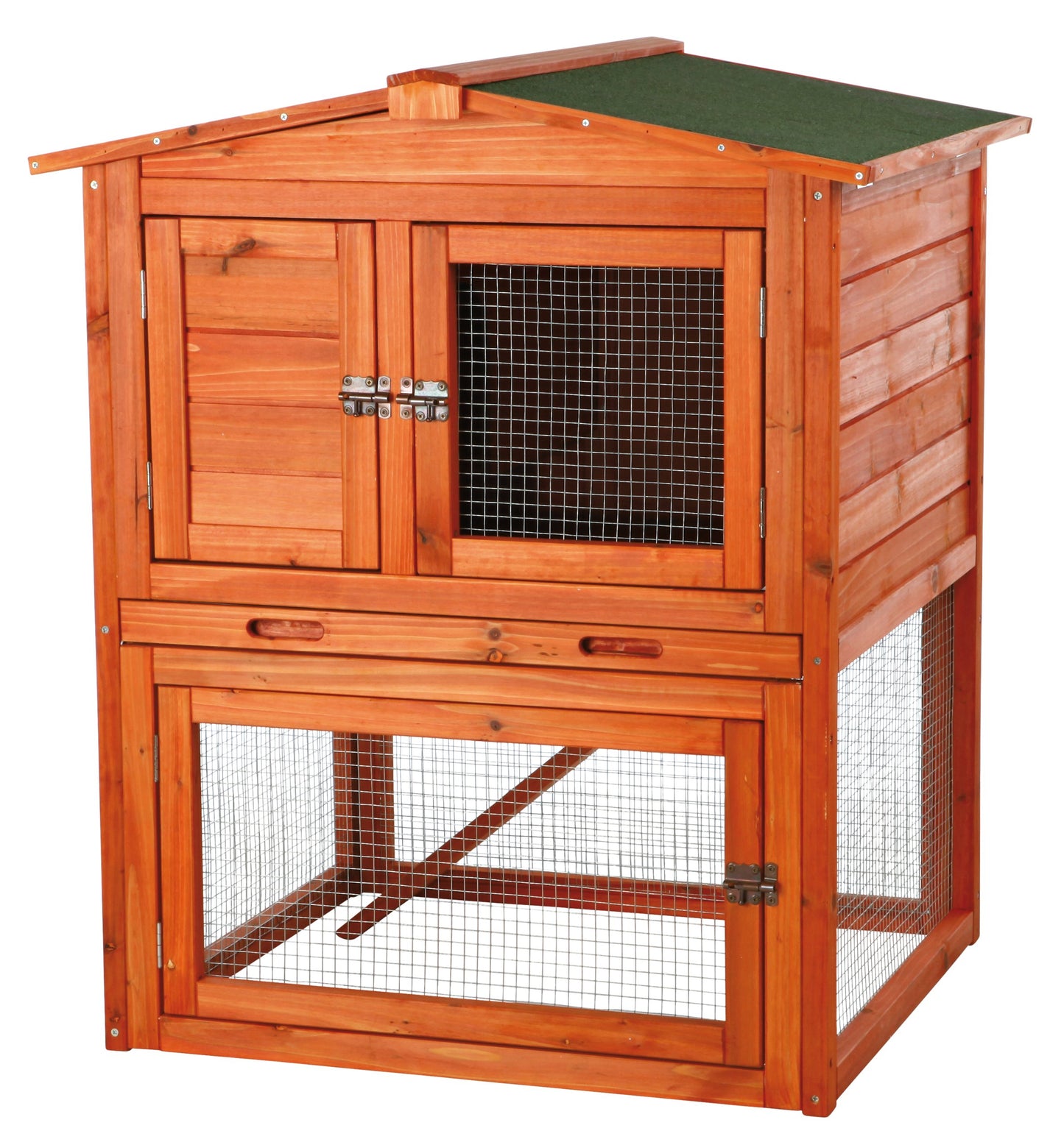 TRIXIE natura Outdoor Rabbit Hutch with Run - Small 2-Story Rabbit Cage with Non-Slip Ramp - Elevated Small Animal House with Secure Playpen, Hinged Roof & Pull-Out Tray - in Natural