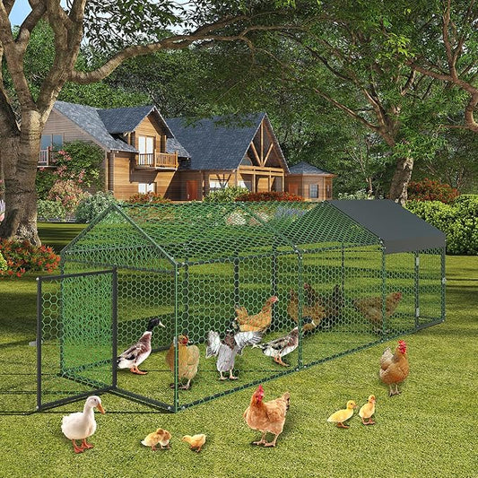 Metal Chicken Coop, 120" x40" x40" Large Chicken Run with 3 Doors, Outdoor Hen House for Yard with Waterproof and Anti-UV Cover, Walk in Poultry Cage for Rabbit Duck Goose, Black