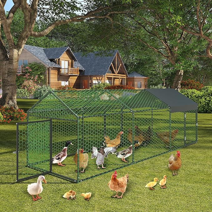 Large Metal Chicken Coop 10' x 3.3" x 3.3" Chicken Runs with Waterproof and Anti-UV Cover,3 Doors,Outdoor Hen House for Yard, Walk in Poultry Cage for Rabbit Duck Goose