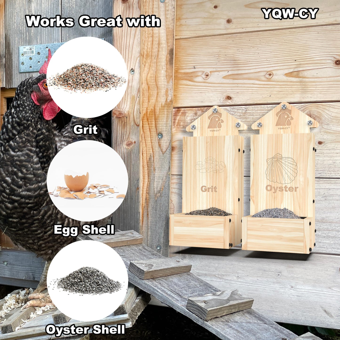 2Pack Chicken Grit Feeder, Wooden Chicken Oyster Shell Feeder and Grit Feeder Combo, Hanging Gravity Chicken Feeder, Coop Accessories for Healthier Hens Chick and Eggs