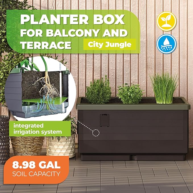 Bio Green Raised Garden Bed City Jungle | 8.98 gal | 13“ x 24“ x 13“ | Including Water Tank | Self-Watering Planter Box | Ideal for Balcony/Terrace