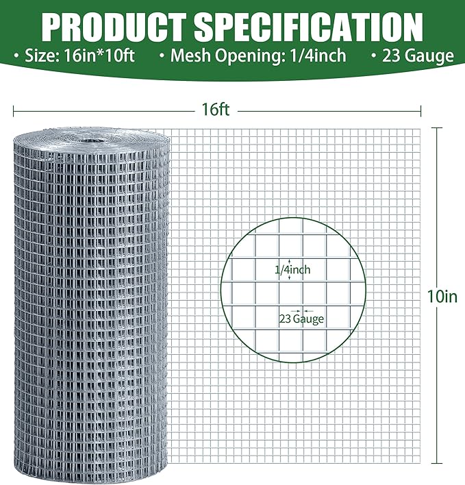 Hardware Cloth 1/4 Hot Dip Galvanized Wire Mesh Roll 23 GA Building&House Repaird Wire Fence Mesh - for DIY, Coops, Rabbit,Snake Fences, DIY Crafting,Plants Protective& Screen Mesh Silver