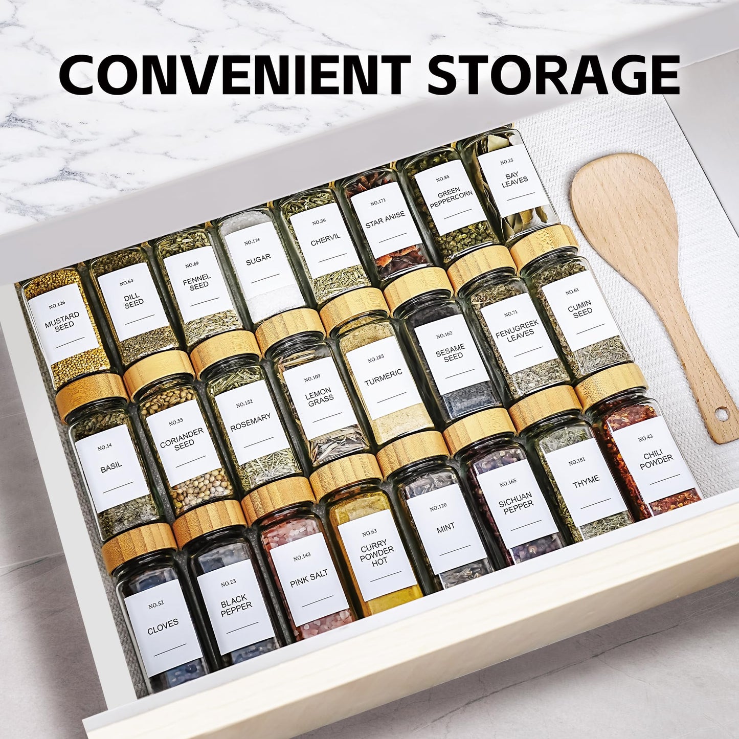 Miuyhji Spice Jars, 24 Pcs 4oz Seasoning Jars with Label, Glass Jars with Bamboo Lids, Spice Containers Bottles with Pepper Grinder & Stainless Steel Funnel for Seasoning Organizer, Cabinet, Drawer
