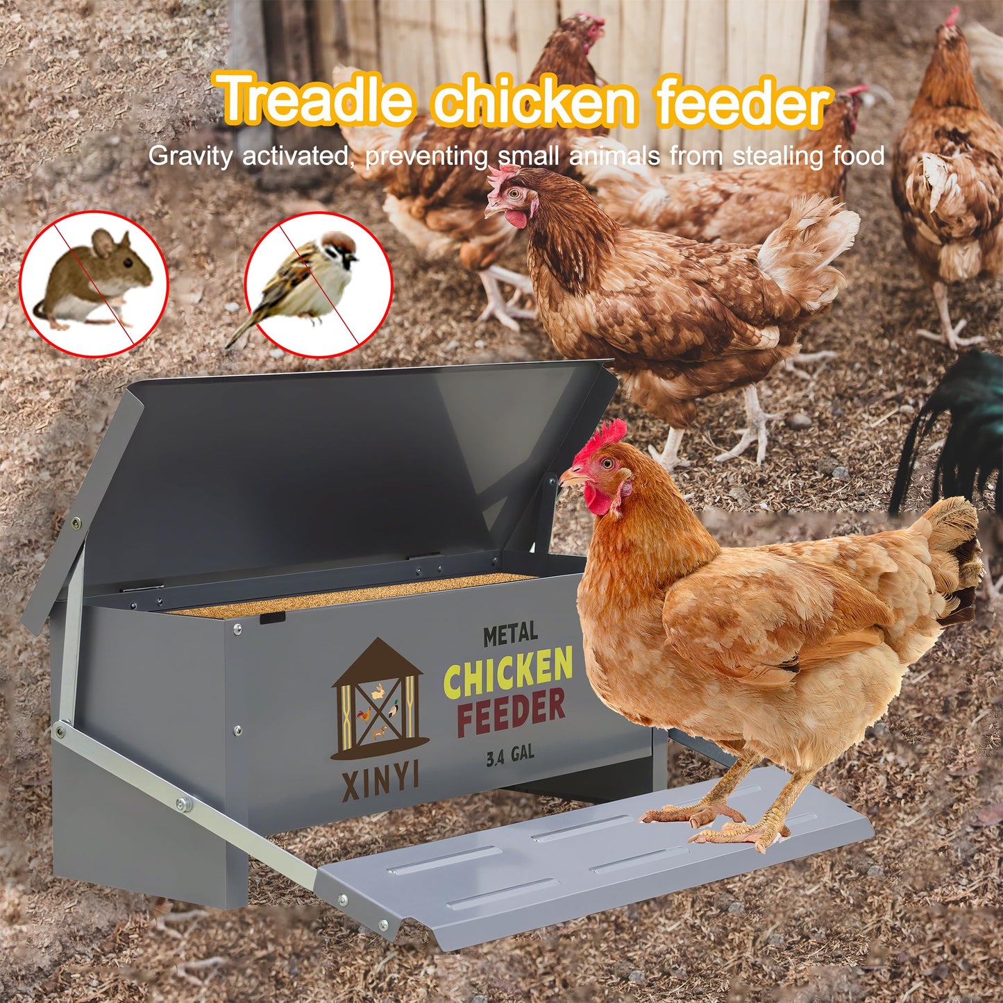 Automatic Treadle Chicken Feeder,25 Lbs No Waste No Spill Rodent Proof Chicken Feeder with Weatherproof Lid,Chicken Supplies for Your Chickens, Duck Feeder 3.4Gal