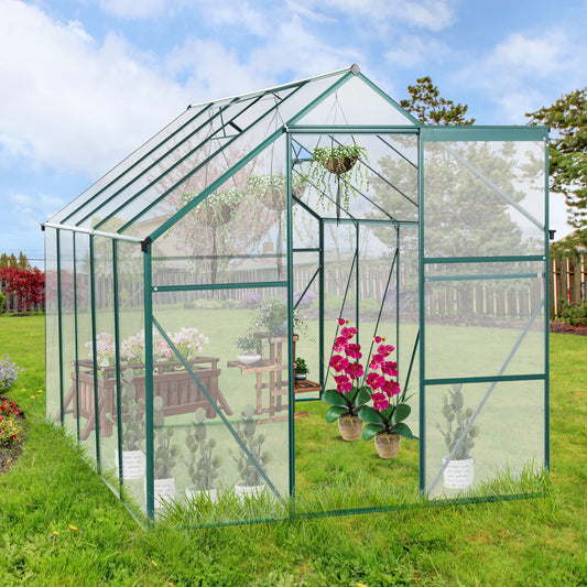 KELRIA 6x10 FT Hybrid Polycarbonate Greenhouse with Sliding Door and Adjustable Vent Window Walk-in Hobby Greenhouses Aluminum Heavy Duty Hot House for Outdoor Garden Backyard, Green