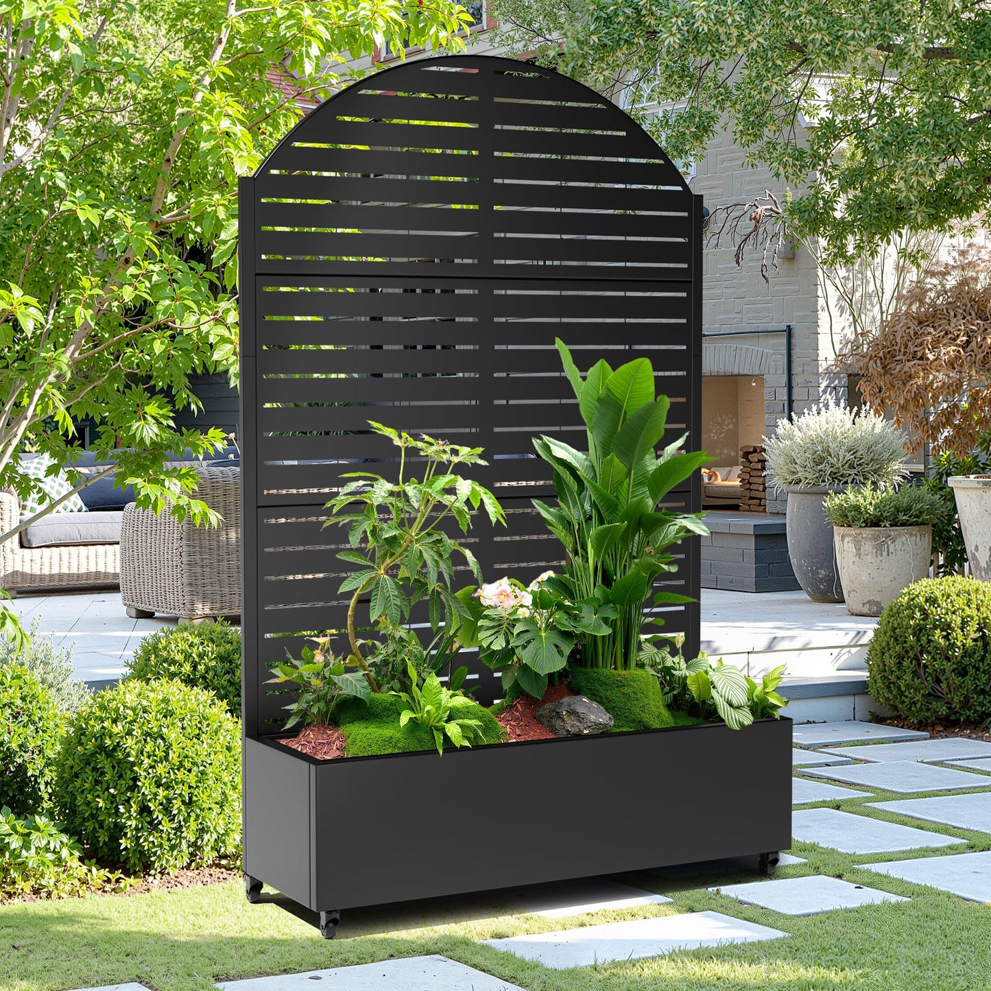 15.7"×70.9"×47.2" Metal Raised Garden Bed with Trellis and Wheels - Tall Trellis Planter Box for Climbing Plants, Vegetables & Vines - Outdoor Privacy Planters for Patio (Black-Louvered)
