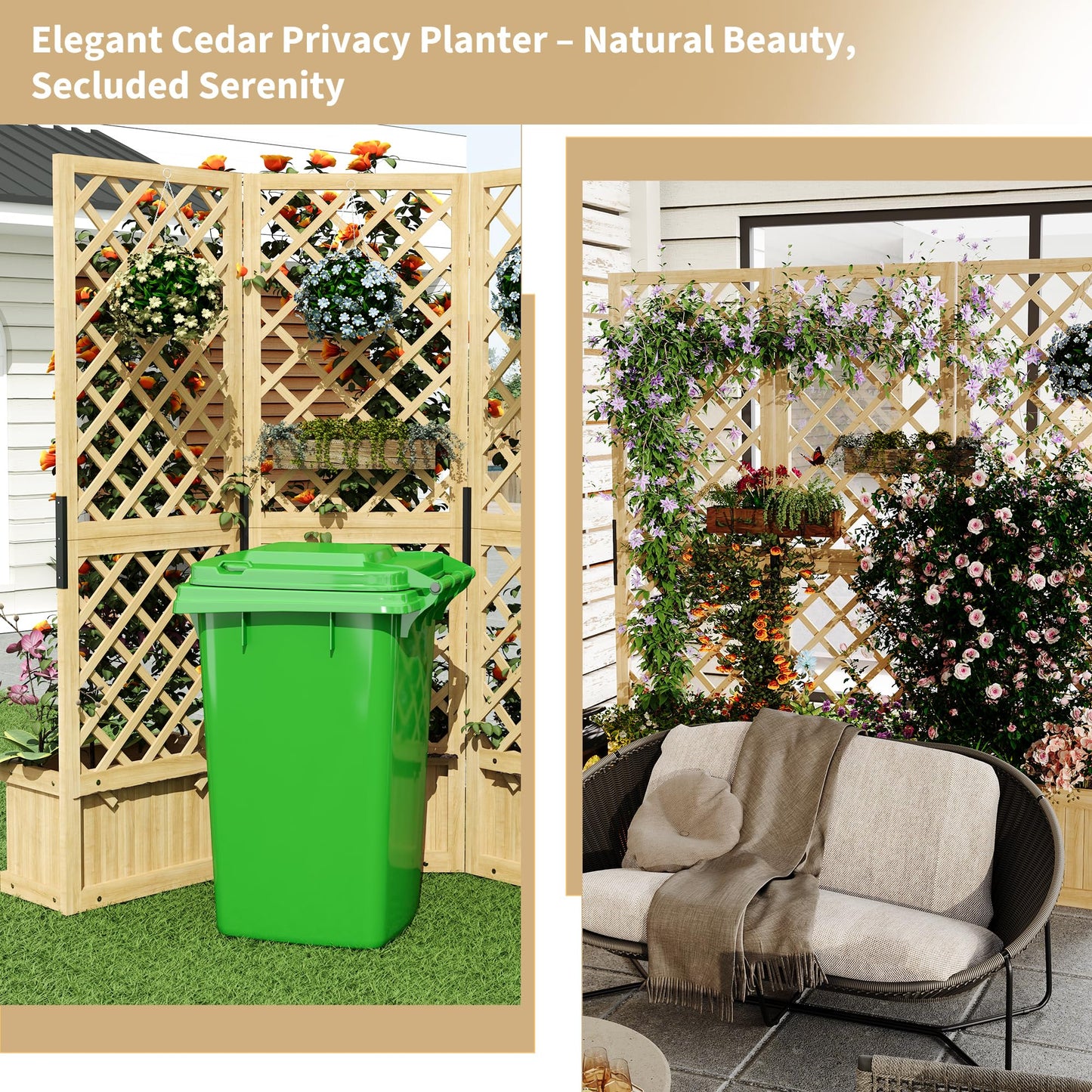 Cedar Privacy Screen with Planter Box - 62"x 10"x 65" Freestanding Outdoor Fence Panel, 3 Hinged Garden Screen with Drainage Holes, Raised Bed Kit for Patio, Backyard, Deck Natural Wood Trellis