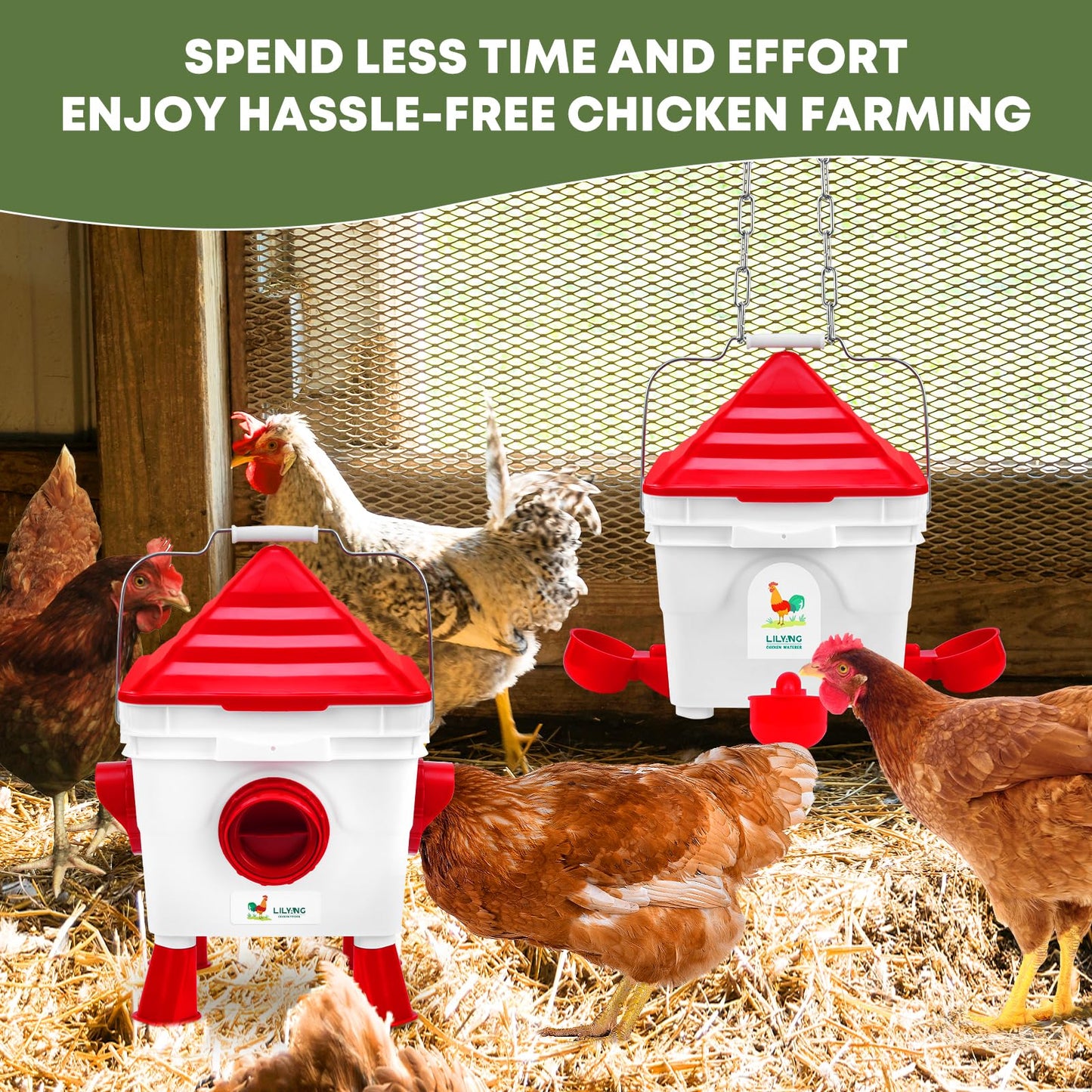 Lilyang Standing Chicken Feeders and Chicken Waterers, 2.5 Gallon Chicken Water Feeder with 4 Cups, 13.5 lb Automatic Chicken Feeder No Waste, for 8-10 Adult Chickens or 10-15 Quails (Standing)