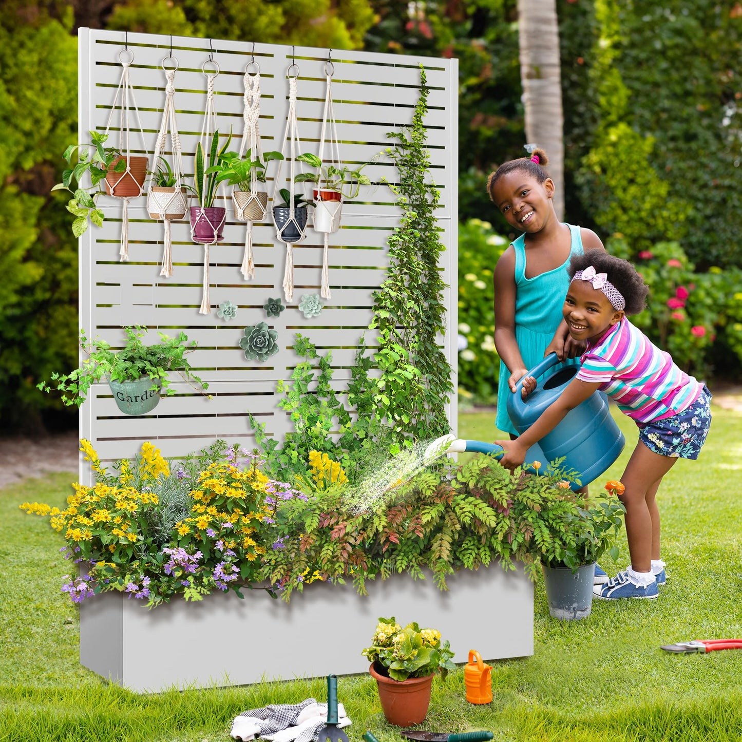 FENCY Metal Raised Garden Bed with Trellis, Metal Planter Box with Trellis, Garden Box for Climbing Plants Vegetable, 47" Lx16 Wx71 H Garden Bed with Drainage Holes(White-Louvered)
