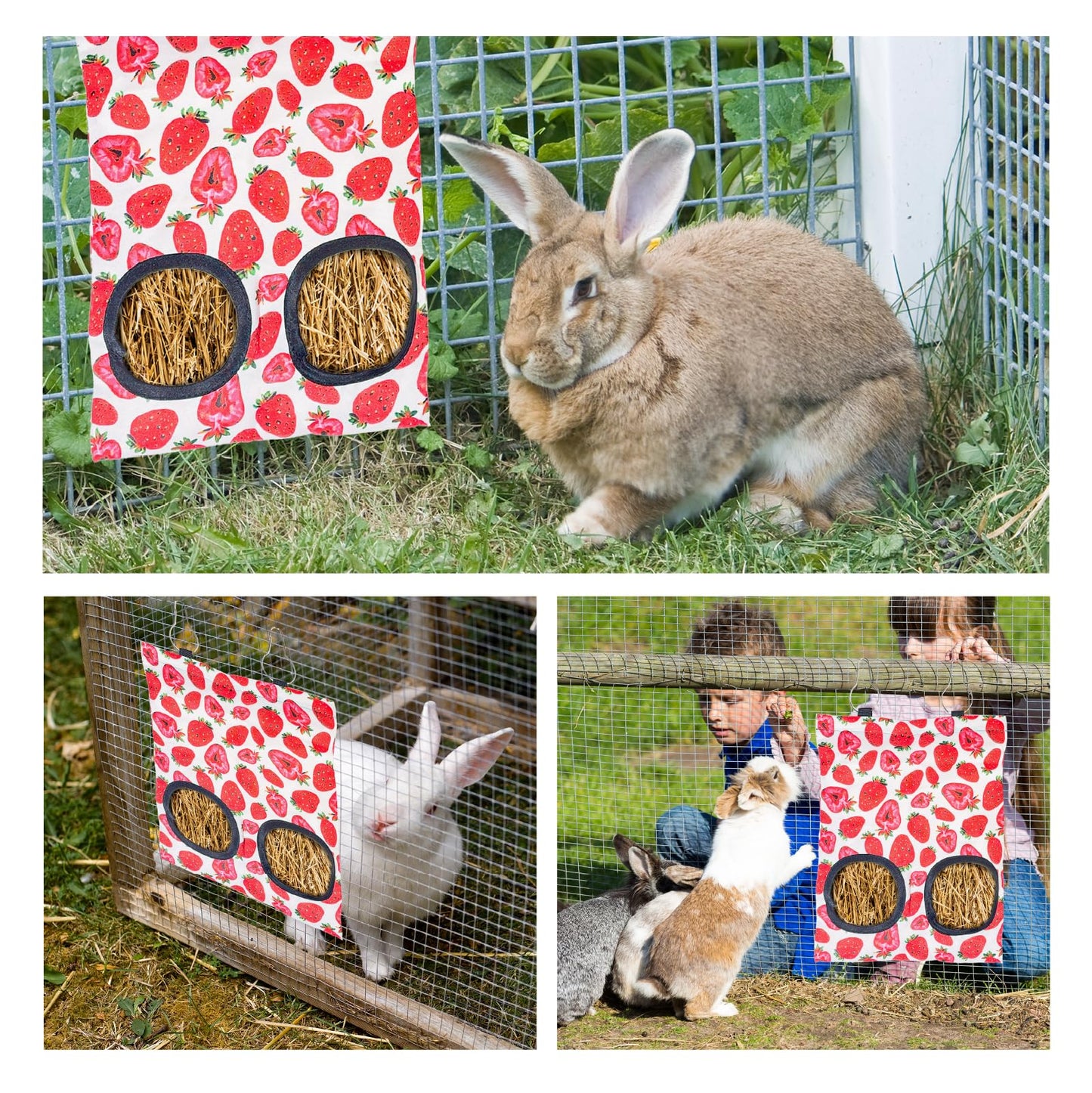 3Pcs Rabbit Hay Feeder Bags,Hanging Guinea Pig Hay Bags,Washable Bunny Hay Bags with 2 Holes for Rabbits Chinchillas Hamsters and Other Small Pets
