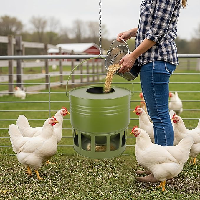 Hanging Chicken Feeder – 20lbs Metal Chicken Feeder, Adjustable Poultry Feeder with 12 Ports, No Installation & Universal Height Design (Avocado Green, 20lbs)