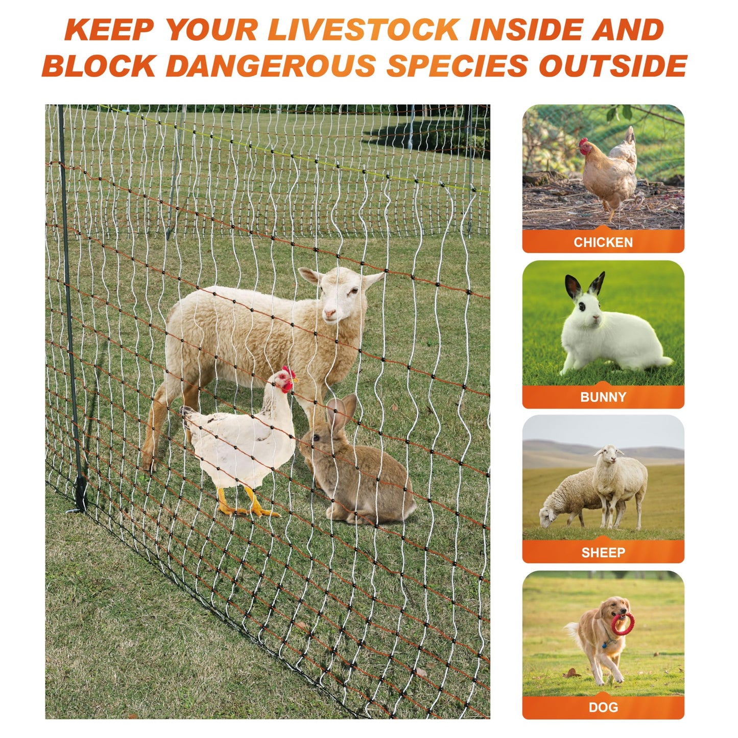 Poultry Electric Netting Fence - 47.3''H (can be Manually Raised to 59.1''H) x 65.6'L for Flying Chicken, Sheep, Goats in Farms, Ranches and Gardens, PK1