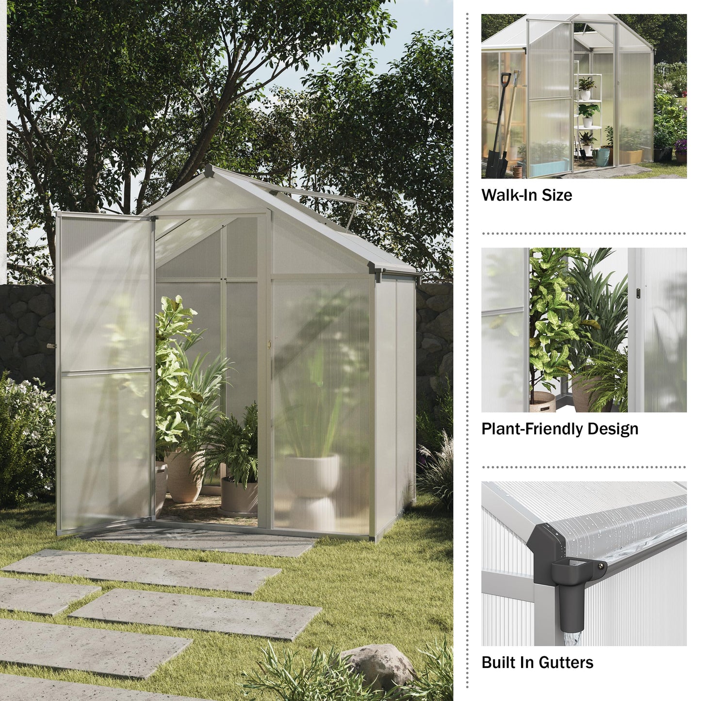 Walk in Greenhouse - 4ft x 6ft Outdoor Green House with Roof Vent and Rain Gutter - Sturdy Polycarbonate Panels with Aluminum Frame by Home-Complete