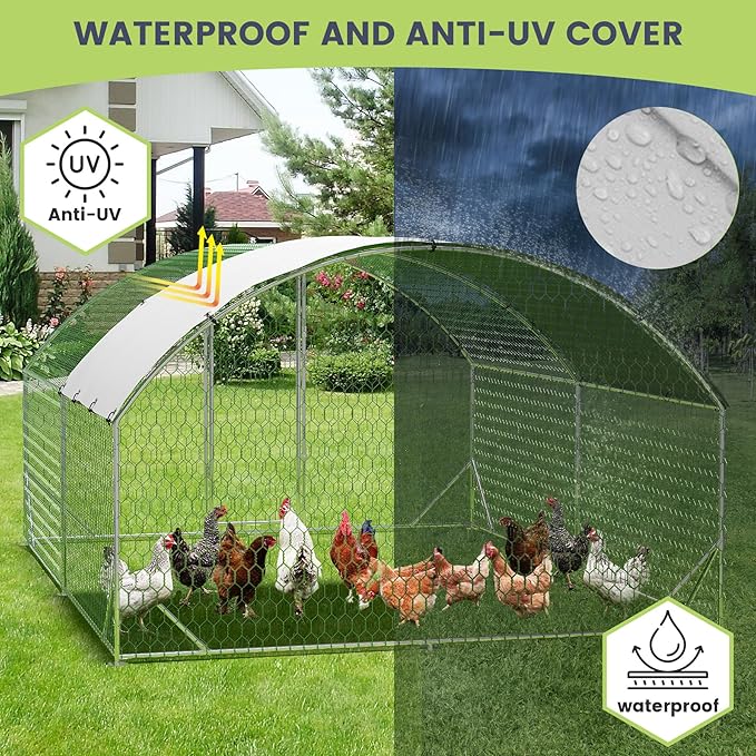 Large Metal Chicken Coop, Dome Shape with Tri-Supporting, Chicken Coop Run with Waterproof and Anti-UV Cover (13.1'L x 9.8'W x 6.6'H)