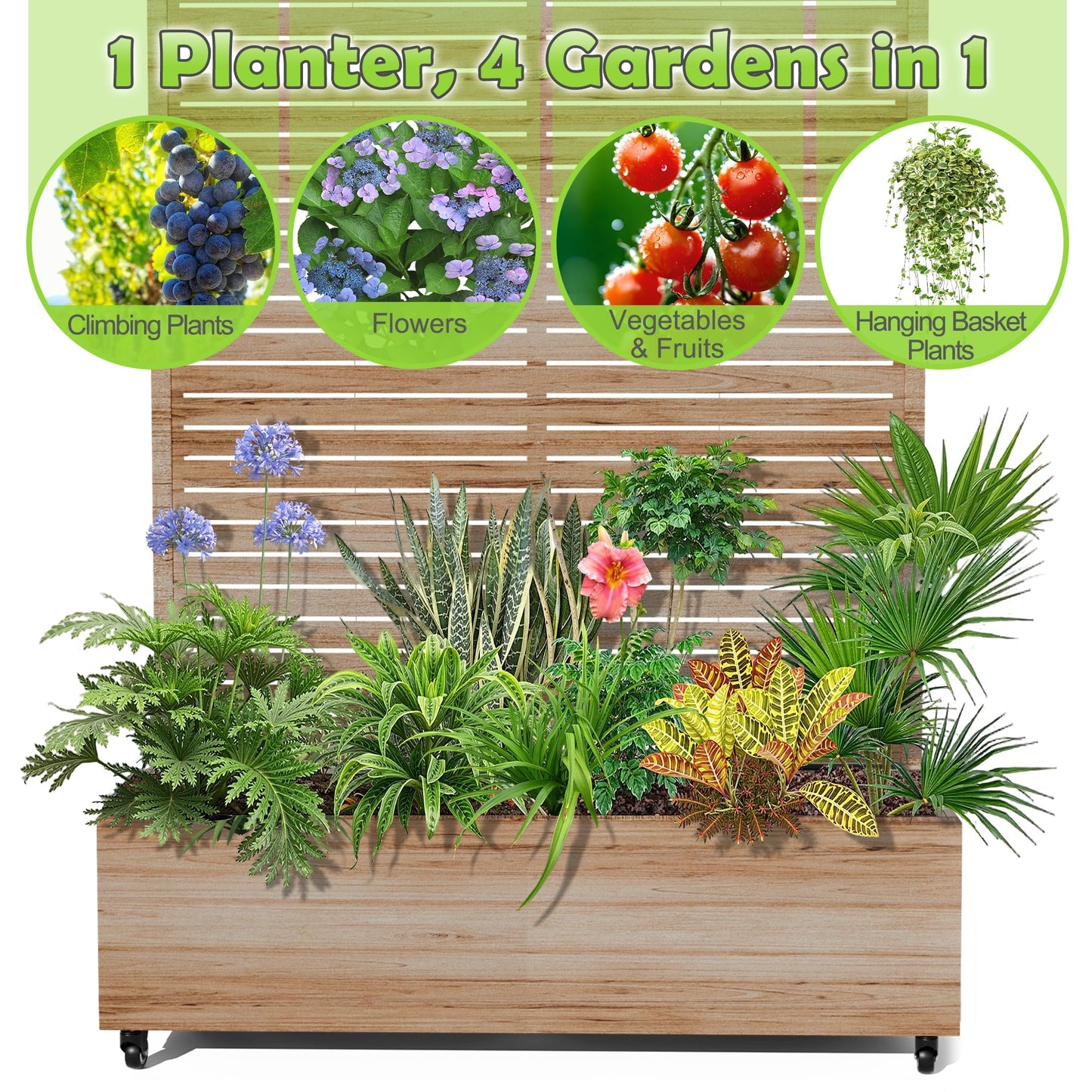 15.7"×70.9"×47.2" Metal Raised Garden Bed with Trellis and Wheels - Tall Trellis Planter Box for Climbing Plants, Vegetables & Vines - Outdoor Privacy Planters for Patio (Acacia Wood Grain)