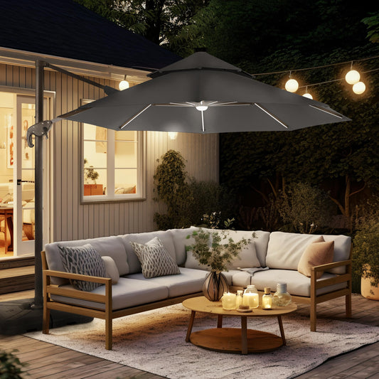 Greemotion Pire 8-foot Cantilever UV-resistant Shade Rotation Tilt Umbrella with Heavy Base and Built-in Solar Panel LED Light for Outdoor, Porch, Pool, Deck, Grey