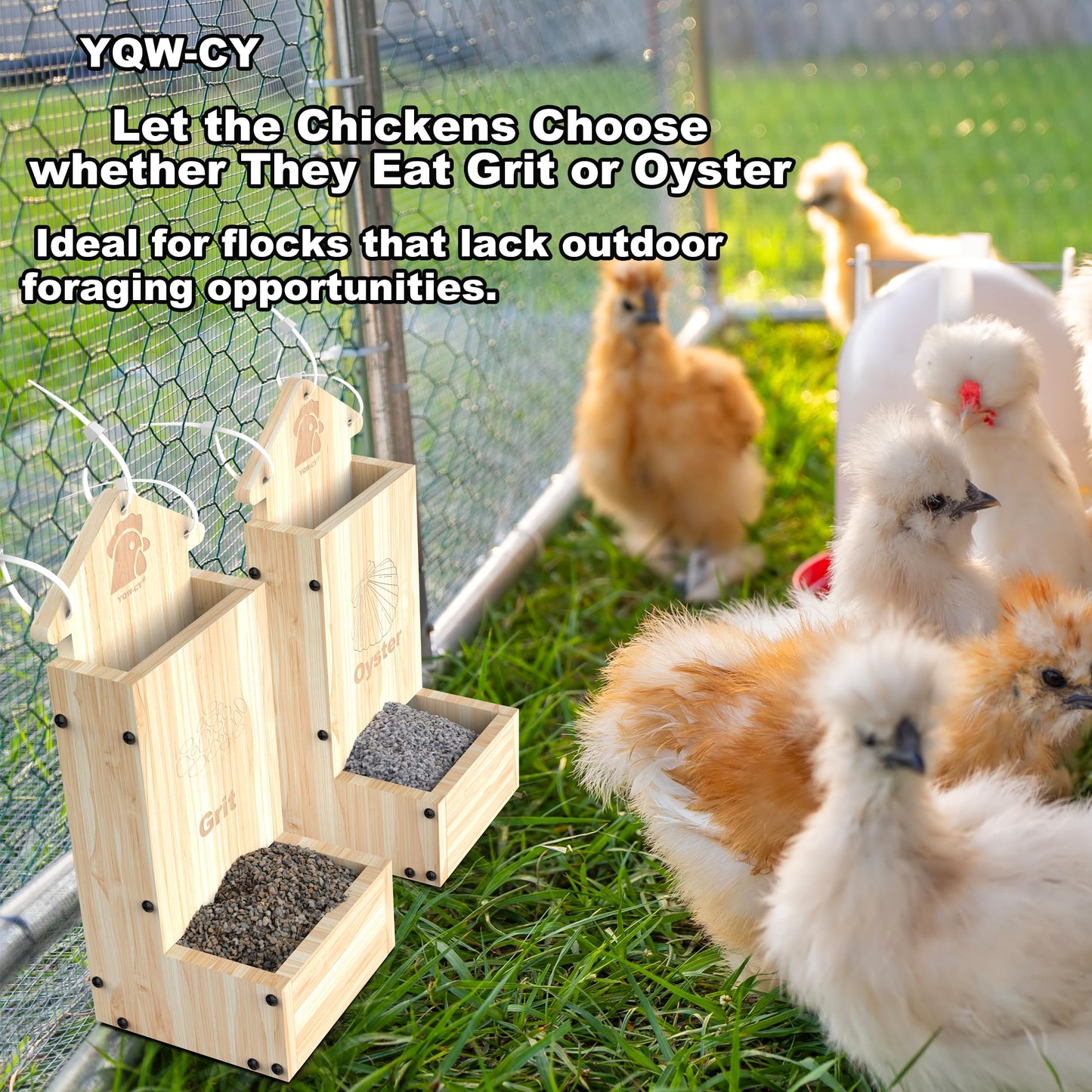 2Pack Chicken Grit Feeder, Wooden Chicken Oyster Shell Feeder and Grit Feeder Combo, Hanging Gravity Chicken Feeder, Coop Accessories for Healthier Hens Chick and Eggs