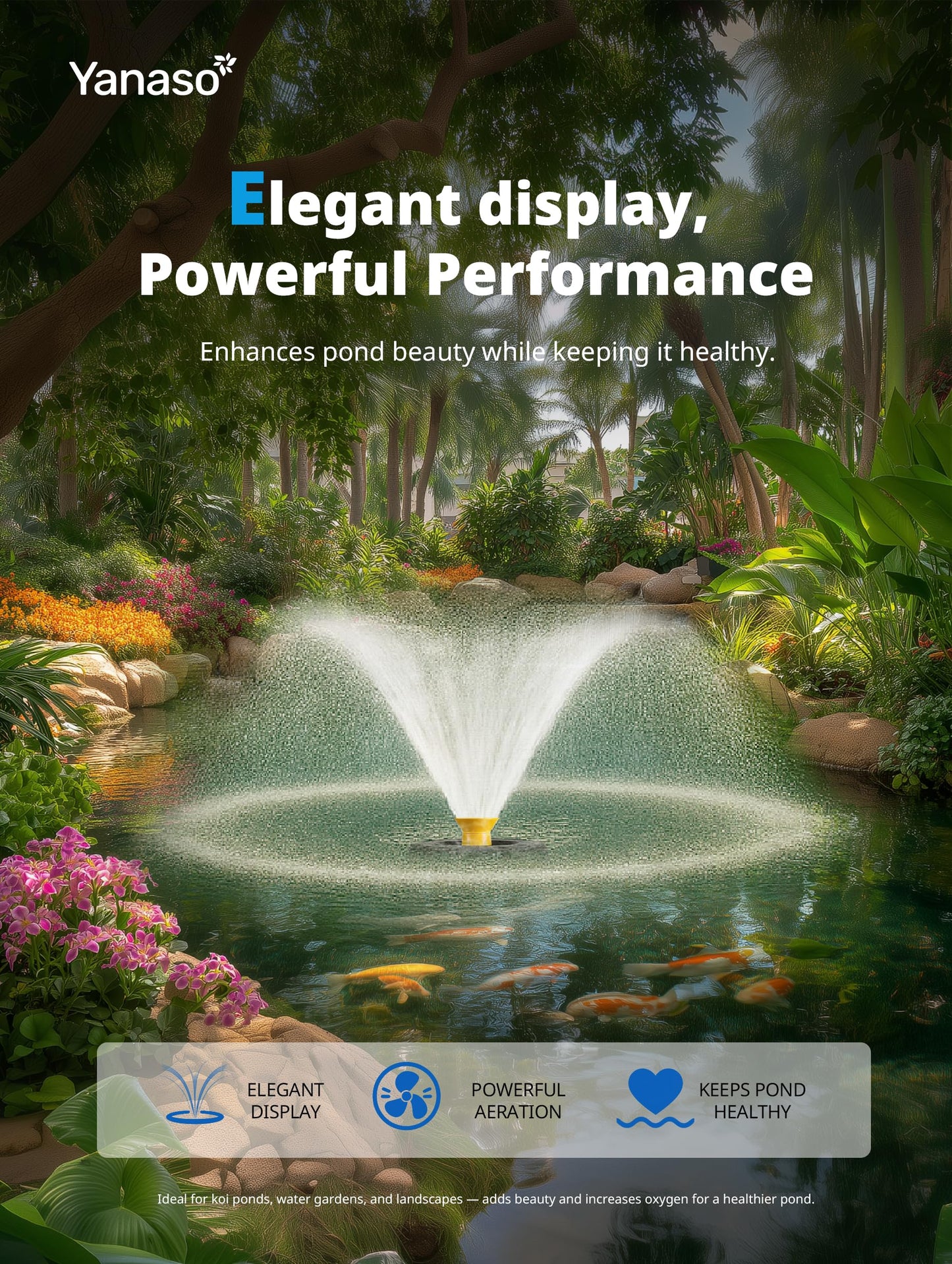 YANASO Pond Fountain Aerator, 1HP 15000 GPH Fountain Pump with Timer, 15A/110V 100FT power cord, 2 Spray Patterns, Energy-Efficient Water Circulation for Ponds & Lakes