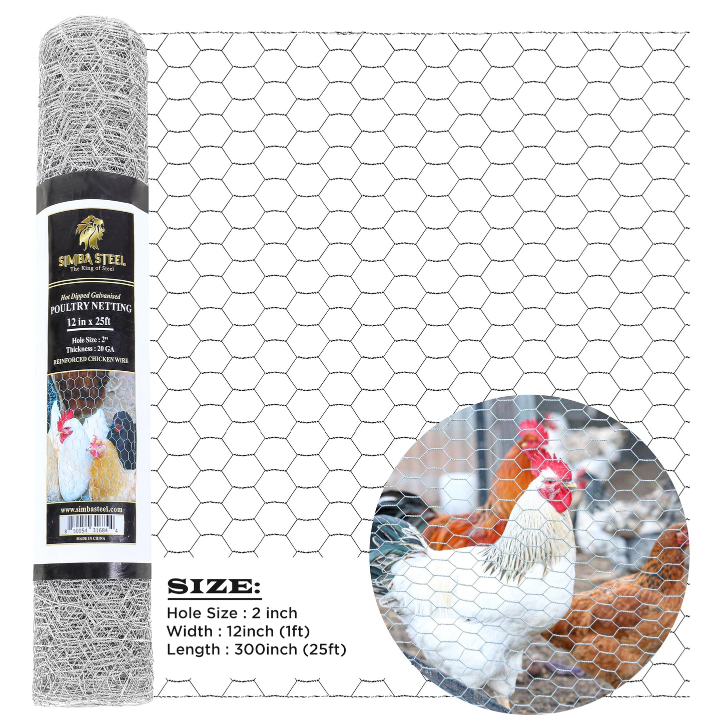 Chicken Wire 12 in x 25 FT x 2” Mesh x 20GA | Poultry Wire Netting | Hot Dipped Galvanised | Hexagonal Galvanized Mesh for Chicken Coop, Rabbit Cage, Fence Barrier PM12x25x2