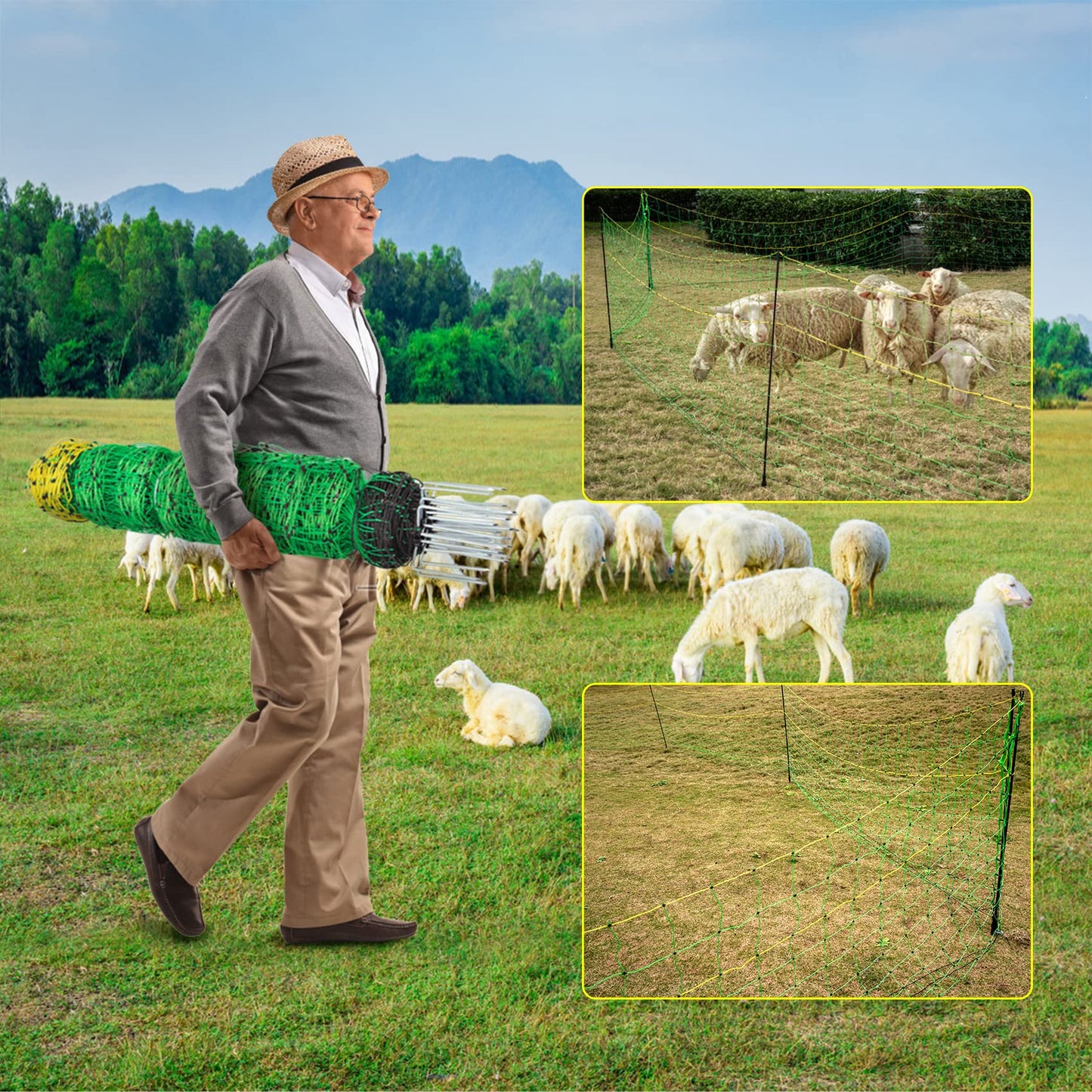 TMEE Electric Fence Netting Livestock Fencing for Goat with 14 Posts Double Spiked, Portable Mesh for Sheep, Deer, Hogs, Dogs in Backyards, Farms and Ranches, 49.6" H x 164' L, Green