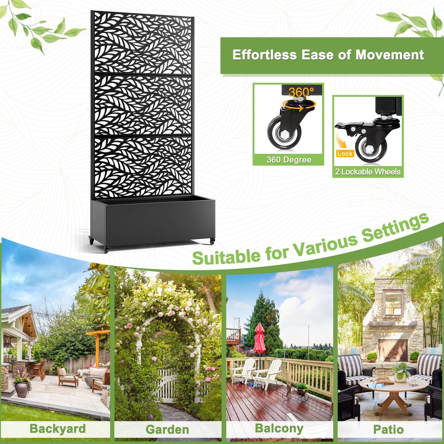 FENCY Metal Raised Garden Bed with Wheels and Trellis,73"x35"x16" Planter Box for Climbing Plants, Vegetables & Vines, Features Privacy Screen and Drainage Holes (Black-Leaf)