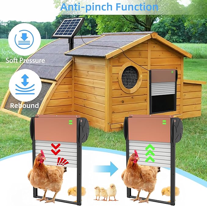 Automatic Chicken Coop Door, Solar Powered Chicken Door with Timer & Light Sensor, Chicken Door Opener, Support APP Controlled, Built-in 4000mAh Battery, USB Rechargeable, Anti-Pinch & Weather Proof