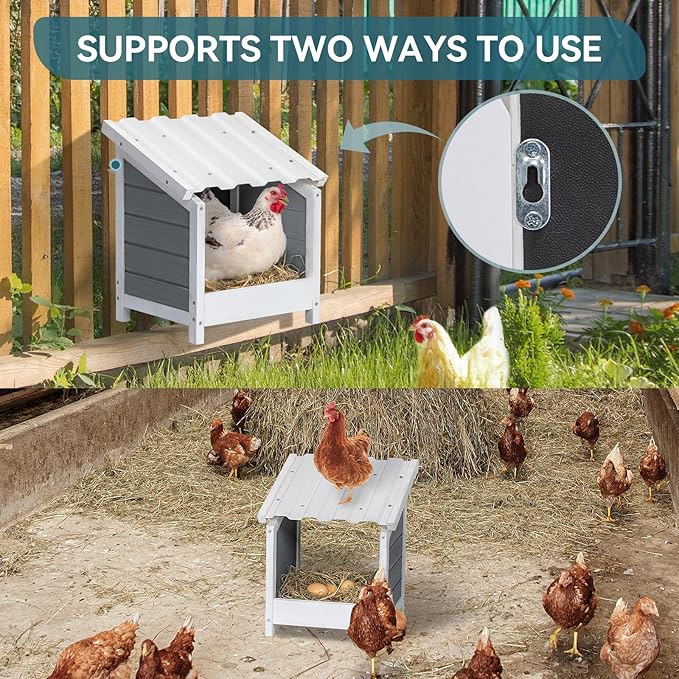 PETSFIT 1 Hole Chicken Nesting Box-All Weather PVC Roof, Natural Wood Design with Privacy Back Panel for Hens-Wall Mounted or Floor Use in Coops, Farms, Backyards,Easy to Assemble and Clean